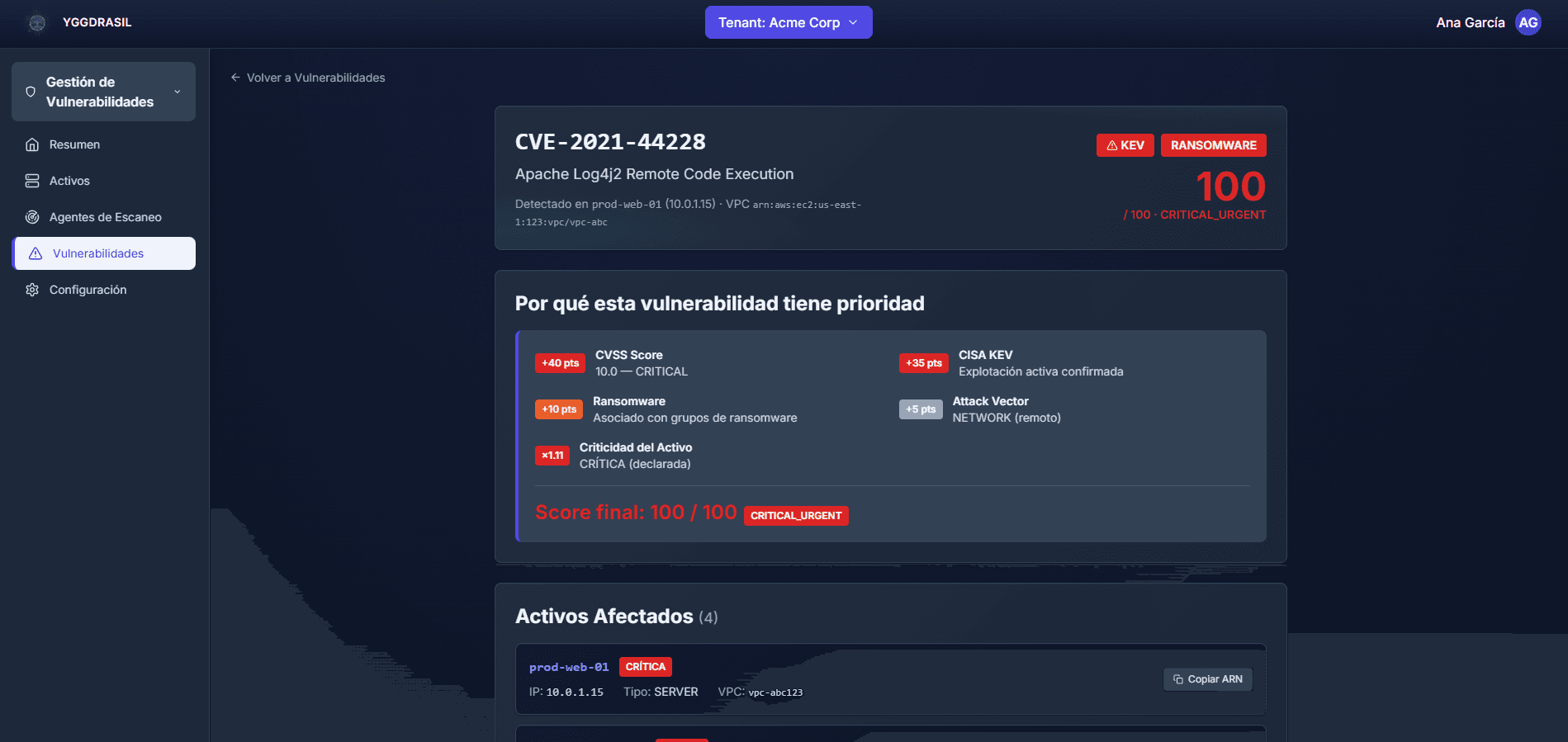 Detalle de vulnerabilidad en Yggdrasil: desglose completo del score de priorización — CVSS +40, CISA KEV +35, Ransomware +10, Vector de ataque +5, multiplicador por criticidad del activo ×1.11 — sumando a 100/100 CRITICAL_URGENT